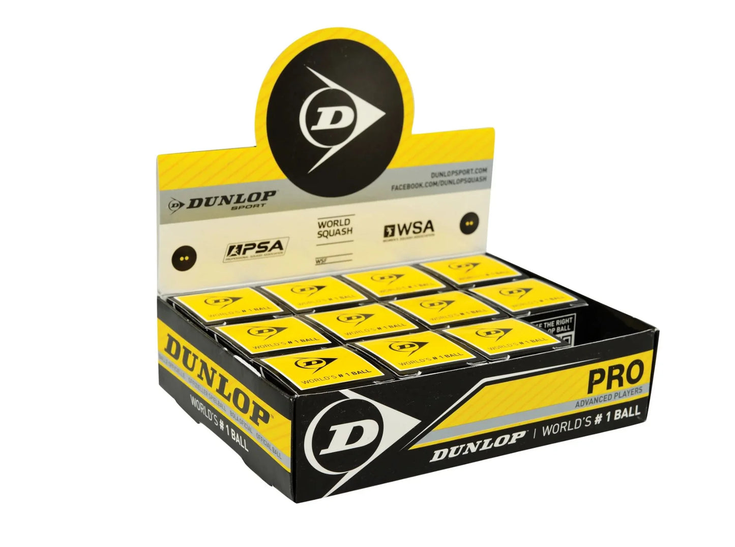 12 stk Dunlop Pro Squashbolde (2 gule prikker)