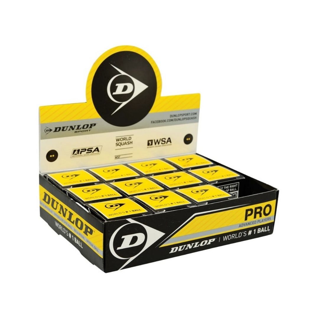 12 stk Dunlop Pro Squashbolde (2 gule prikker)